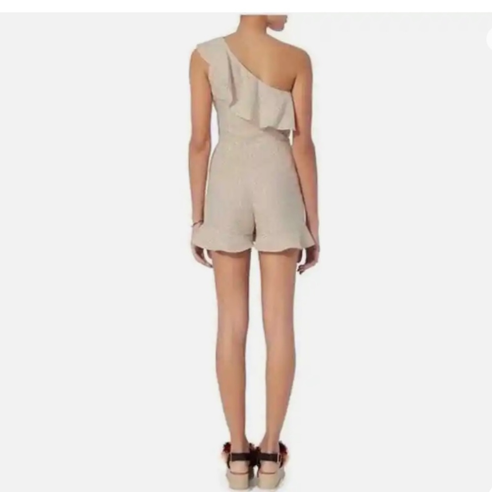 INTERMIX Linen Blended Pinstriped Beige/Cream, One Shoulder Ruffle Romper, Small - Picture 3 of 16